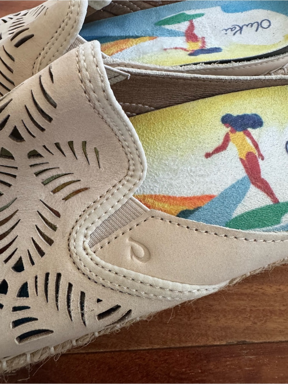 OluKai Beige Slip-On Laser-Cut Espadrille with Colorful Insole